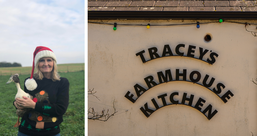 Two images. One of Tracey with a Santa Hat on holding a duck and the other is of the sign to Tracey's Farmhouse Kitchen